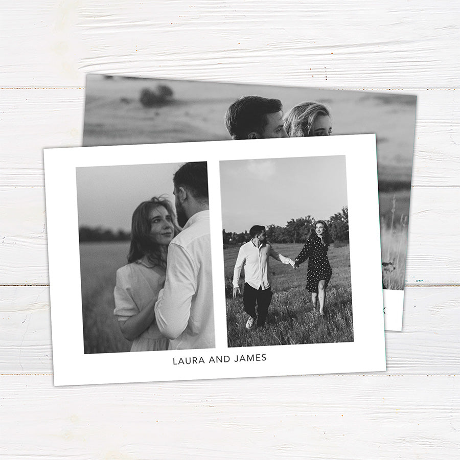 Personalized black and white Christmas photo card featuring a large couple's portrait with an elegant Merry Christmas greeting. The reverse includes multiple photo spaces for sharing additional favorite memories.