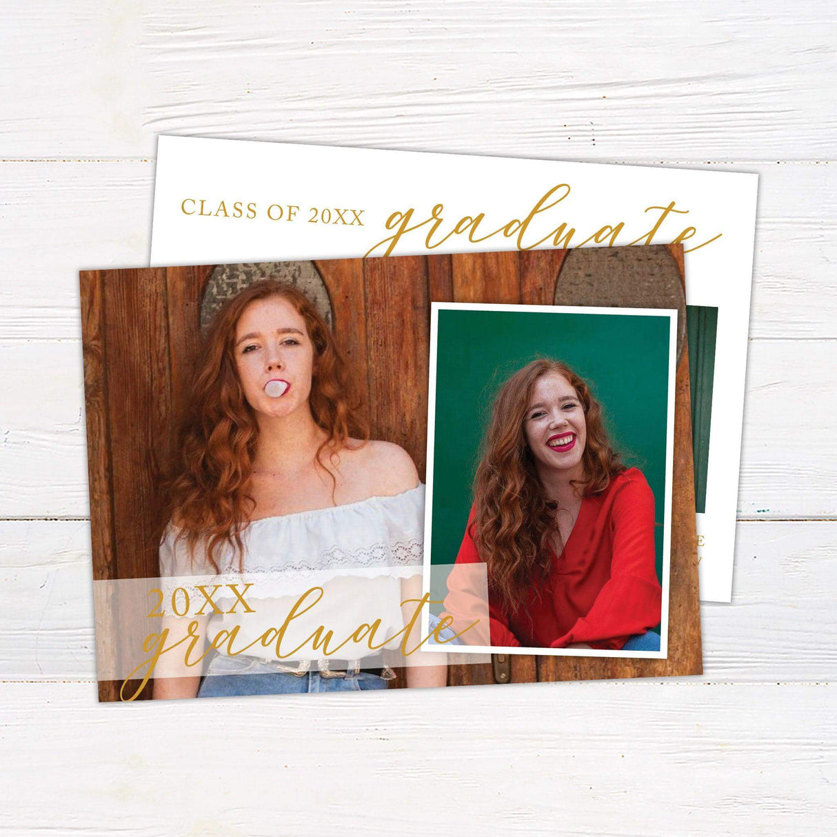 Elegant graduation announcement featuring two photos with a modern calligraphy design. The top includes "graduate" in a stylish script, while the bottom section displays the graduate's name, school, and future plans. The layout is clean and minimal, with customizable colors to match school themes. Back Gold.