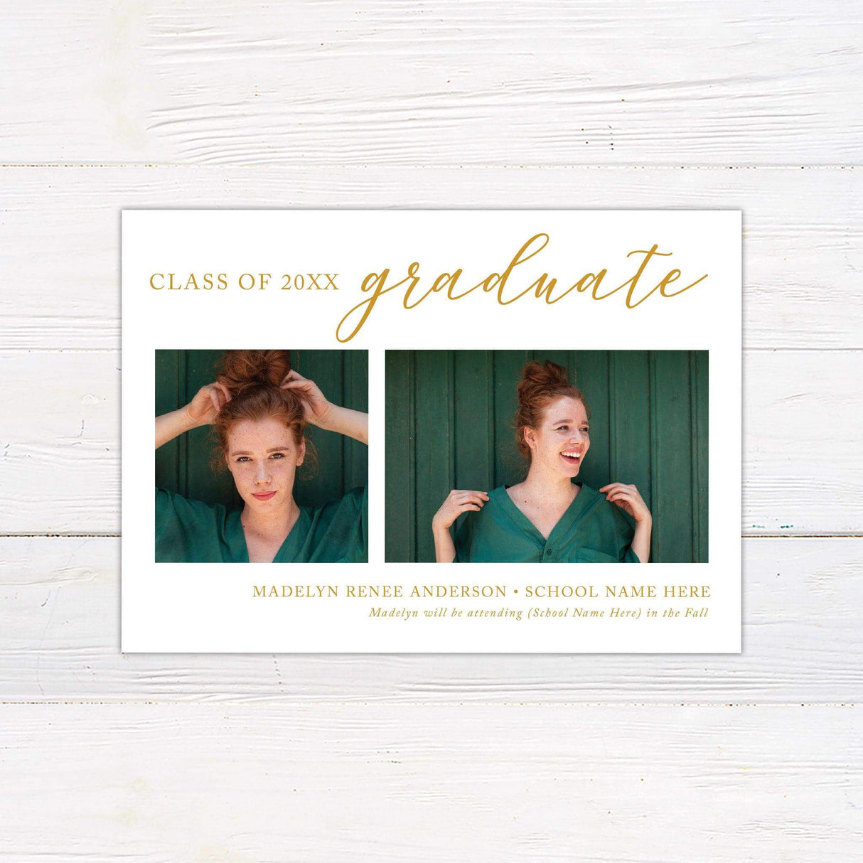 Elegant graduation announcement featuring two photos with a modern calligraphy design. The top includes "graduate" in a stylish script, while the bottom section displays the graduate's name, school, and future plans. The layout is clean and minimal, with customizable colors to match school themes. Gold.
