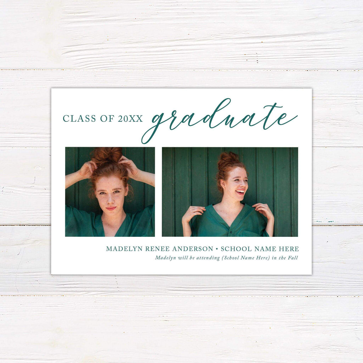 Elegant graduation announcement featuring two photos with a modern calligraphy design. The top includes "graduate" in a stylish script, while the bottom section displays the graduate's name, school, and future plans. The layout is clean and minimal, with customizable colors to match school themes. Green