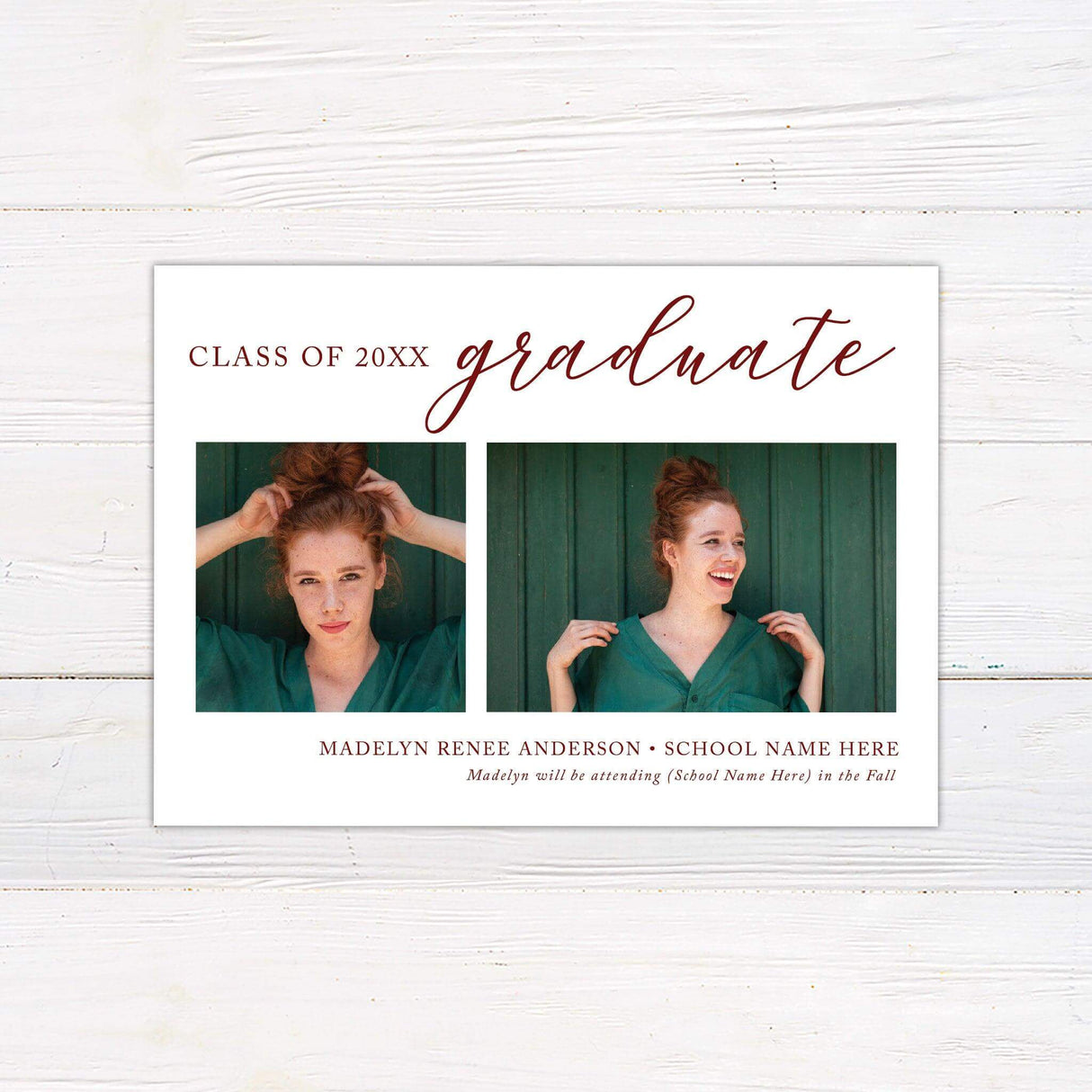 Elegant graduation announcement featuring two photos with a modern calligraphy design. The top includes "graduate" in a stylish script, while the bottom section displays the graduate's name, school, and future plans. The layout is clean and minimal, with customizable colors to match school themes. Maroon.