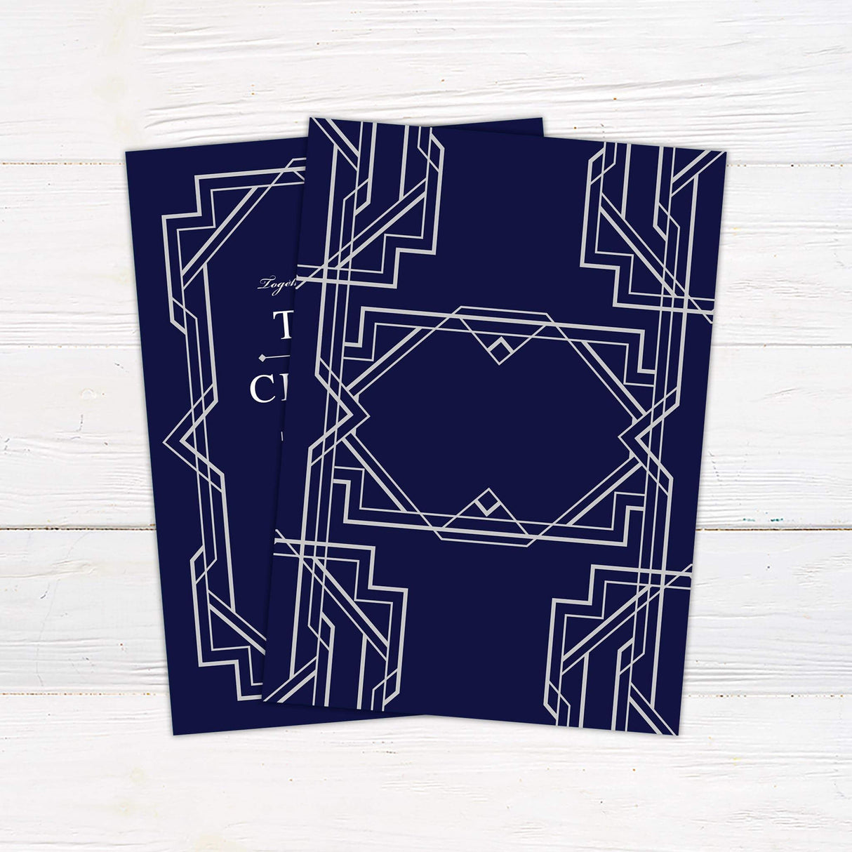 Art Deco wedding invitation with blush geometric border, navy background, and vintage serif typography for a formal event - back