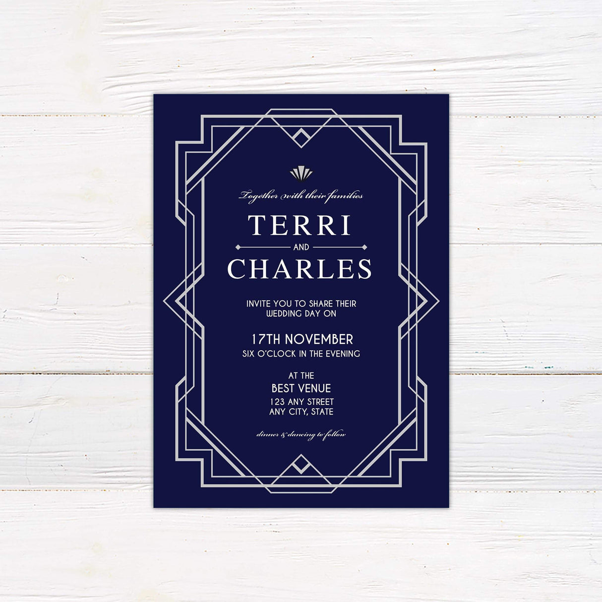 Art Deco wedding invitation with blush geometric border, navy background, and vintage serif typography for a formal event