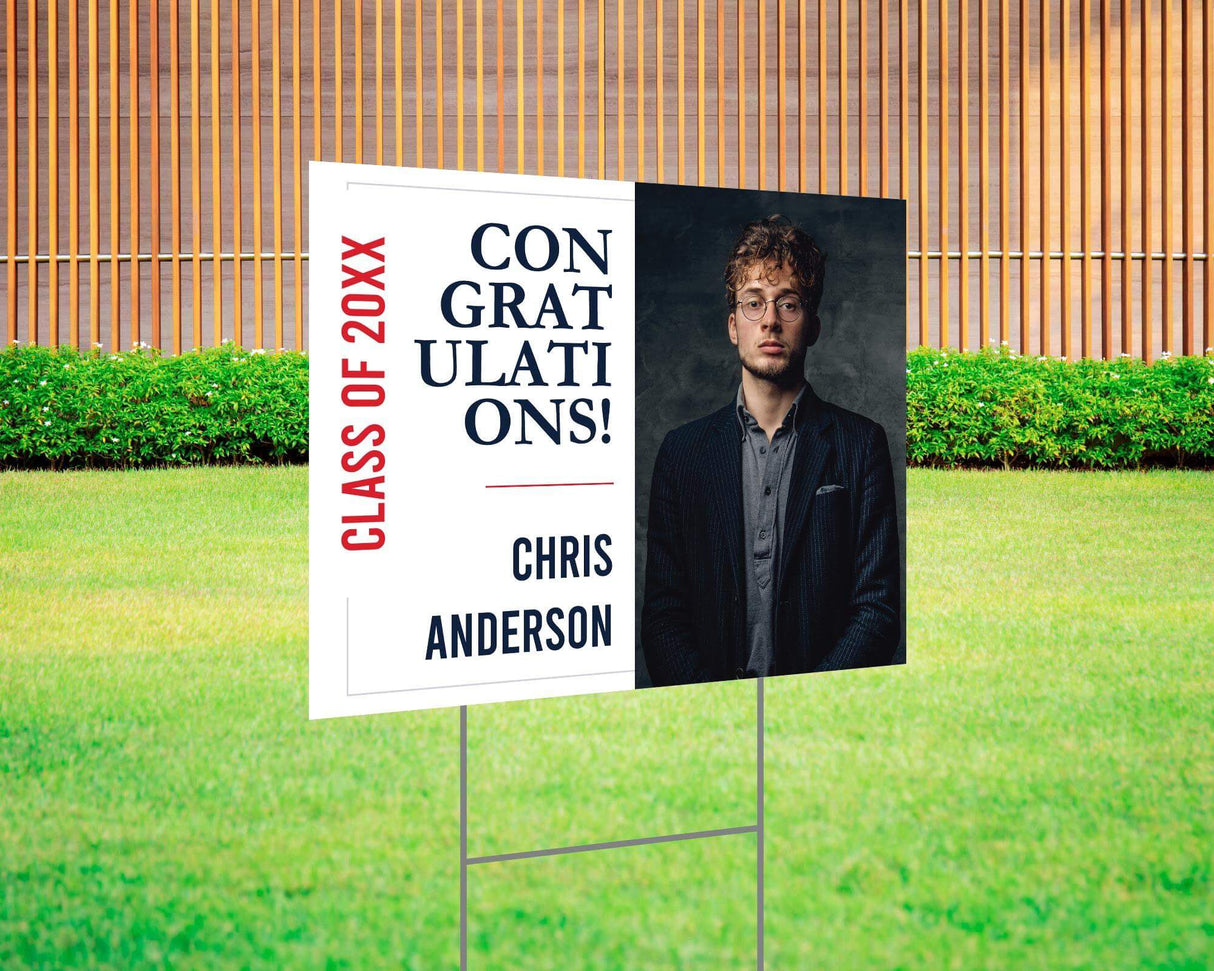 Custom graduation yard sign with a full-photo design on one side and bold text on the other, featuring a personalized name, class year, and congrats message. Printed on durable Coreplast plastic, available in custom colors and single or double-sided print, perfect for high school and college graduates. Red