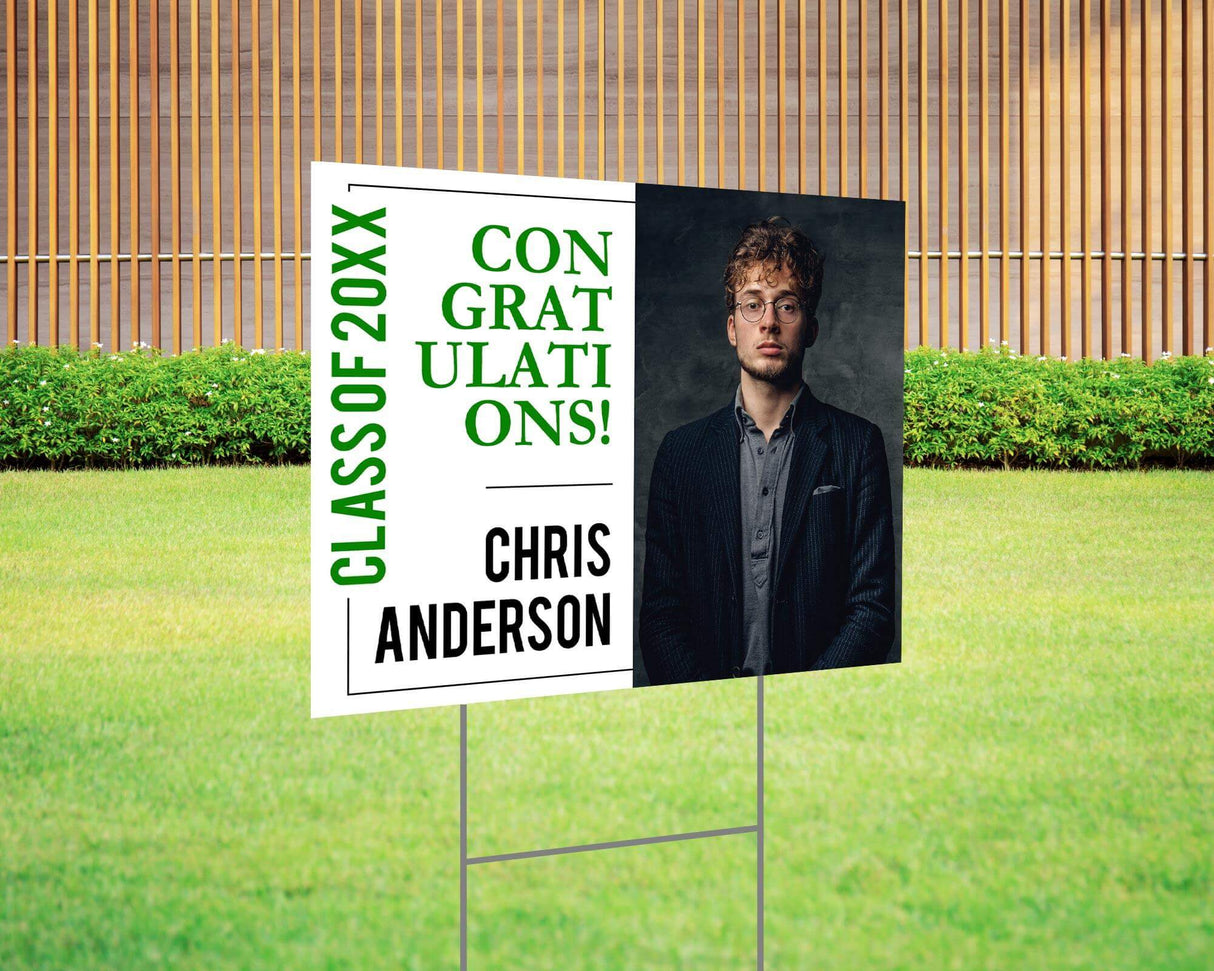 Custom graduation yard sign with a full-photo design on one side and bold text on the other, featuring a personalized name, class year, and congrats message. Printed on durable Coreplast plastic, available in custom colors and single or double-sided print, perfect for high school and college graduates. Green