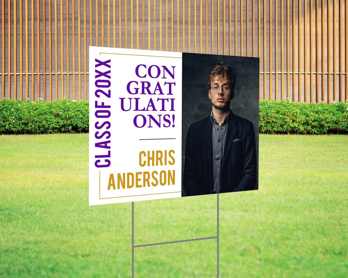 Custom graduation yard sign with a full-photo design on one side and bold text on the other, featuring a personalized name, class year, and congrats message. Printed on durable Coreplast plastic, available in custom colors and single or double-sided print, perfect for high school and college graduates. Purple