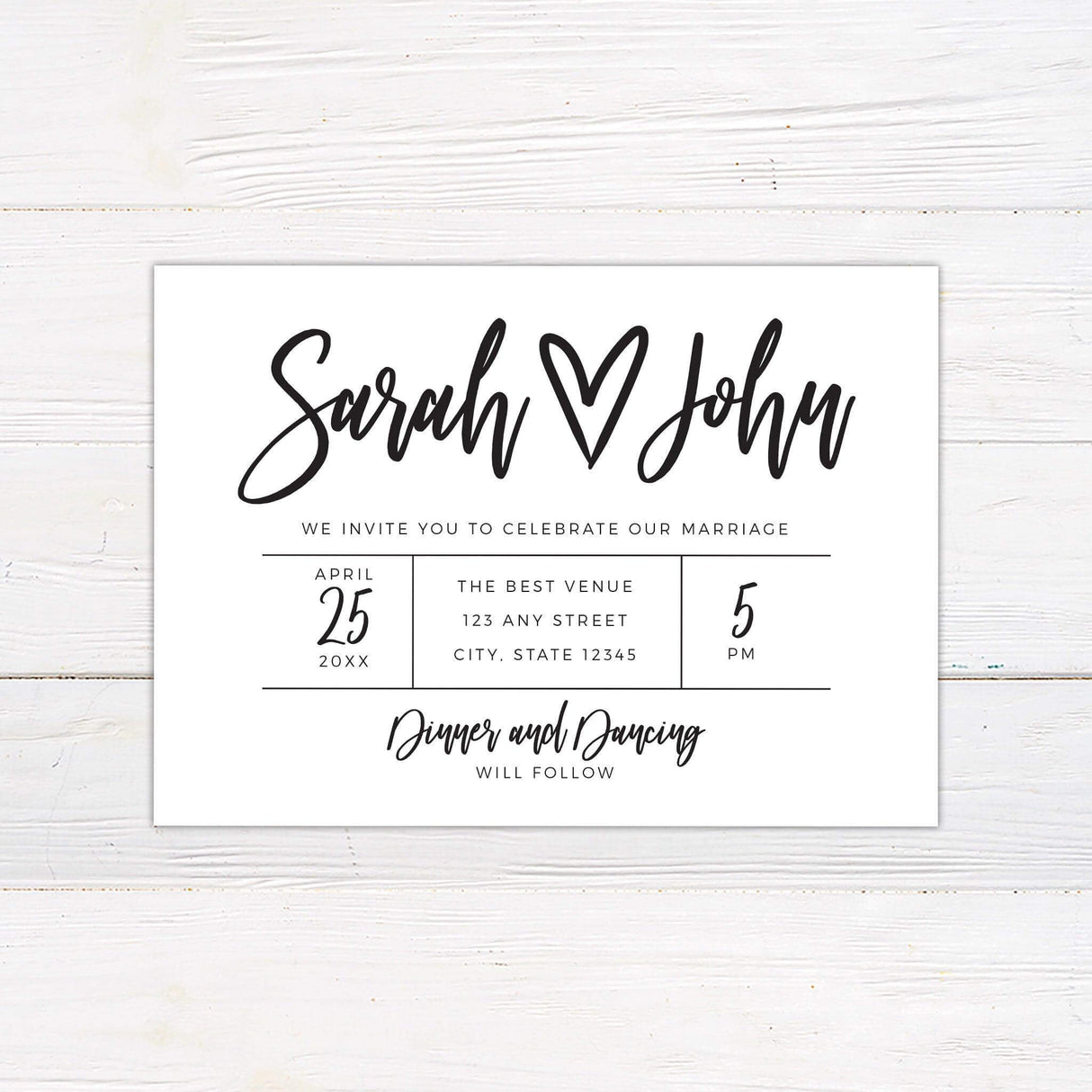 Modern black and white wedding invitation with handwritten names, heart symbol, and grid layout for date, venue, and time details