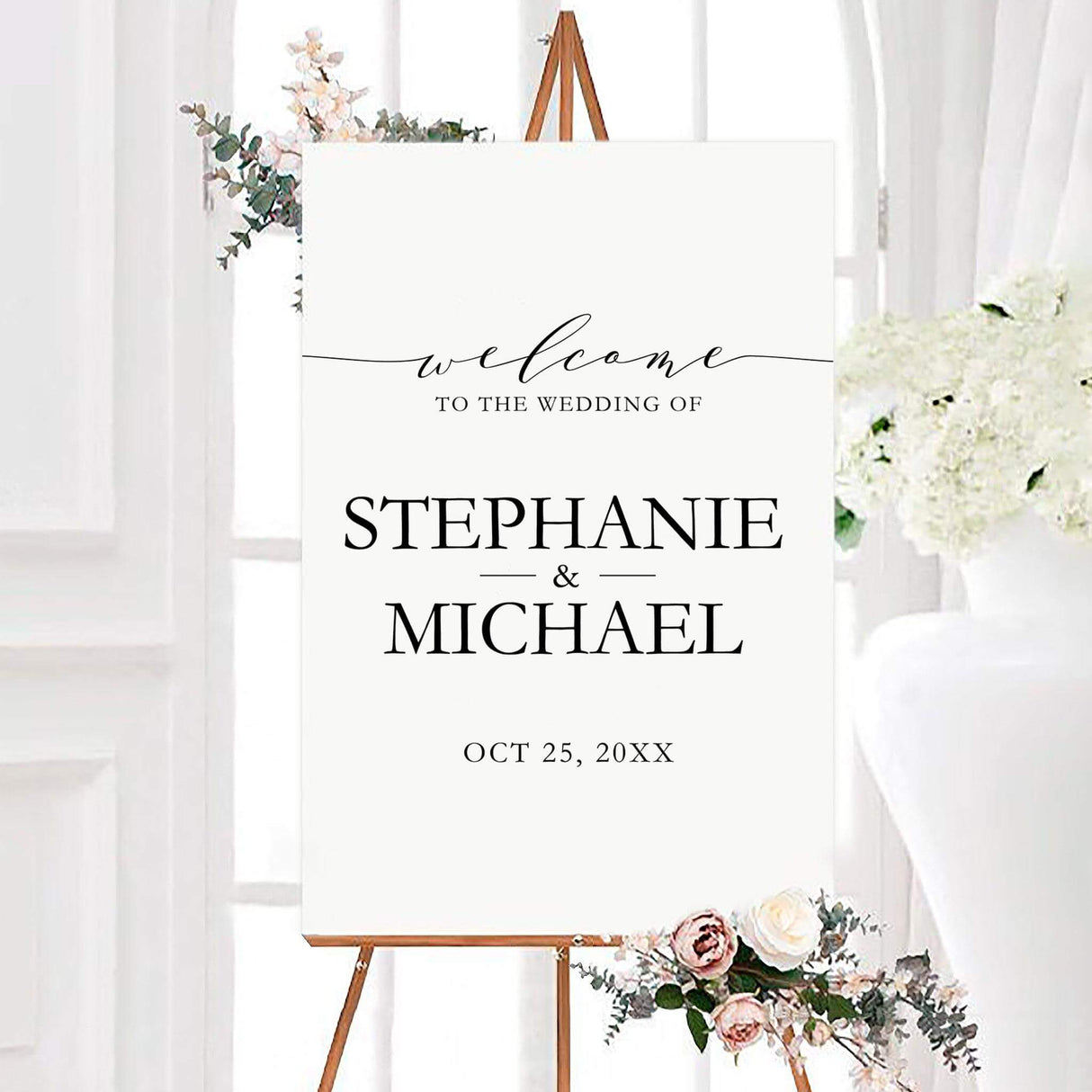 Minimalist modern script wedding welcome sign featuring elegant script lettering, large personalized names, and a custom wedding date. The clean black-and-white design creates a timeless and sophisticated look.