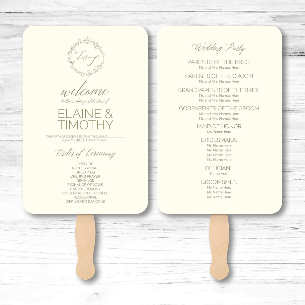 Minimalist wedding program fan with ceremony and wedding party details printed on both sides.