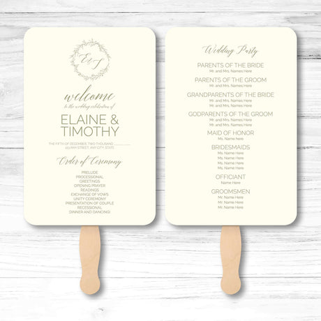 Minimalist wedding program fan with ceremony and wedding party details printed on both sides.