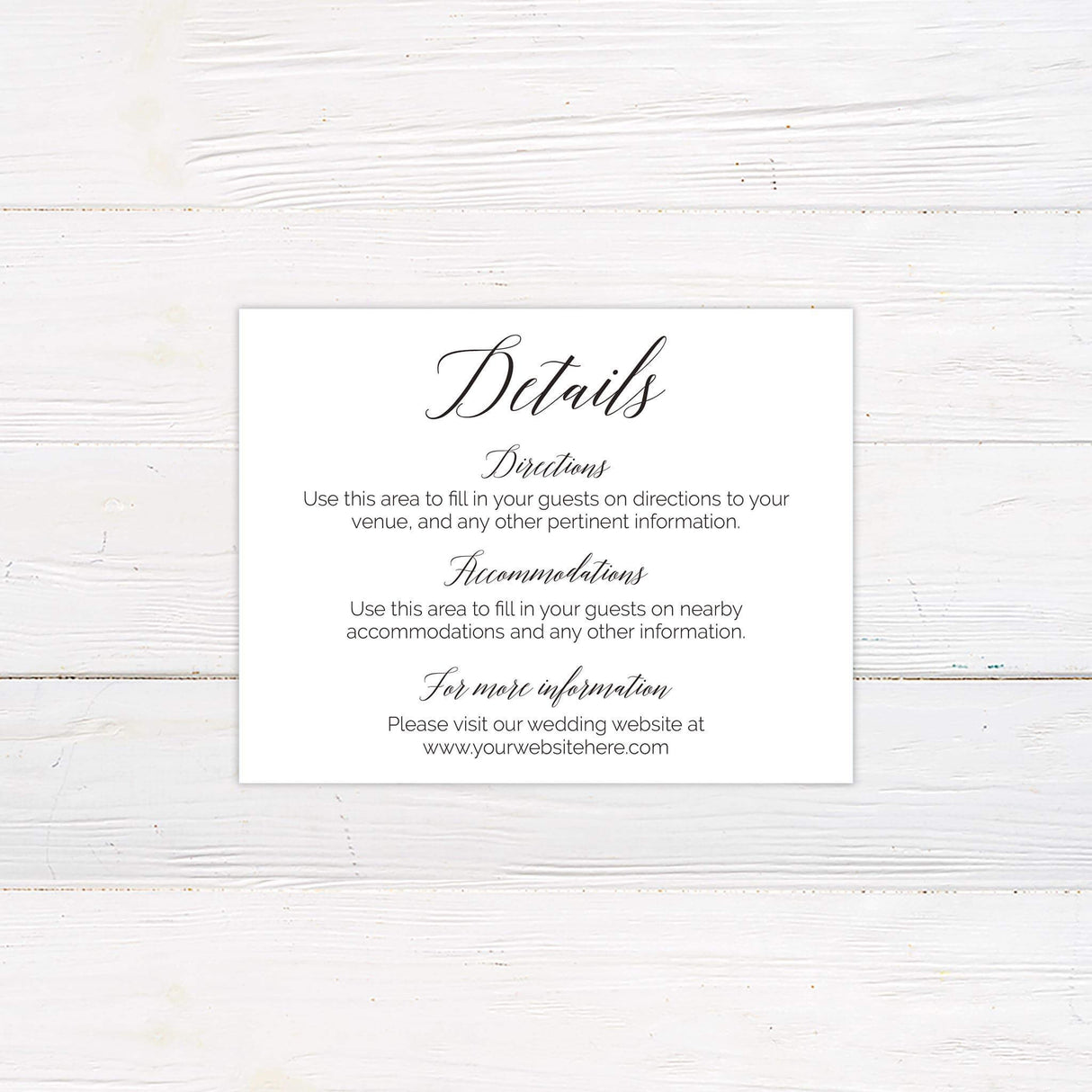 Monochrome wedding detail card with elegant serif fonts and hand-drawn botanical accents, perfect for rustic or outdoor wedding themes.