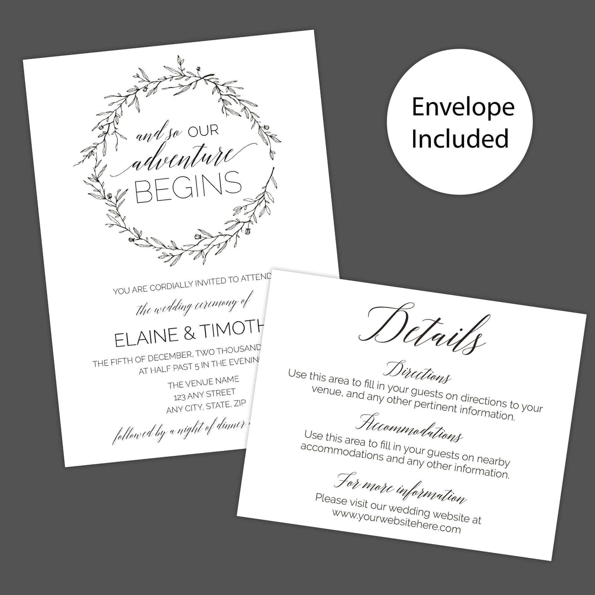 Rustic black and white wedding invitation with botanical wreath and “And so our adventure begins” quote in script and serif fonts - invite and details