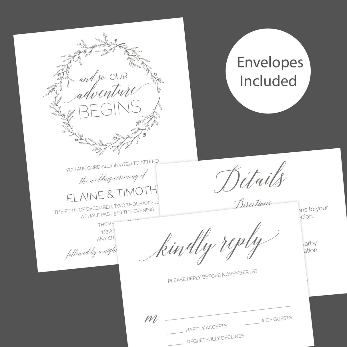 Rustic black and white wedding invitation with botanical wreath and “And so our adventure begins” quote in script and serif fonts - Invite, RSVP, and Details