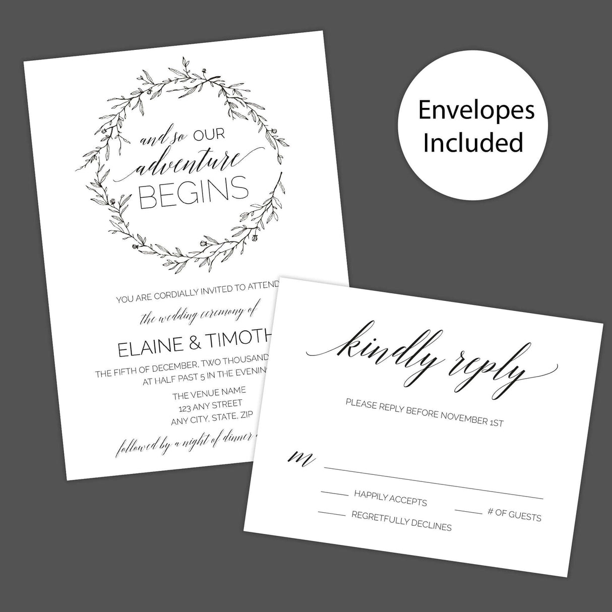 Rustic black and white wedding invitation with botanical wreath and “And so our adventure begins” quote in script and serif fonts - Invite and RSVP