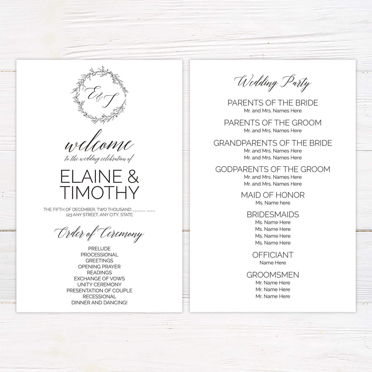 Rustic black and white wedding program featuring botanical wreath illustration, clean serif fonts, and elegant layout for ceremony details.