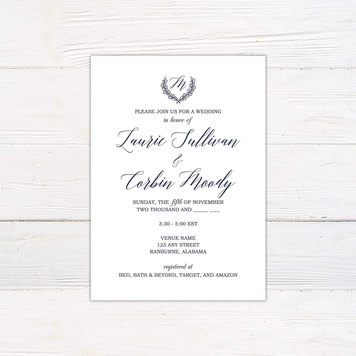 Elegant wedding invitation featuring a refined monogram crest and sophisticated script typography. A minimalist and timeless design, perfect for classic, formal, and luxury weddings