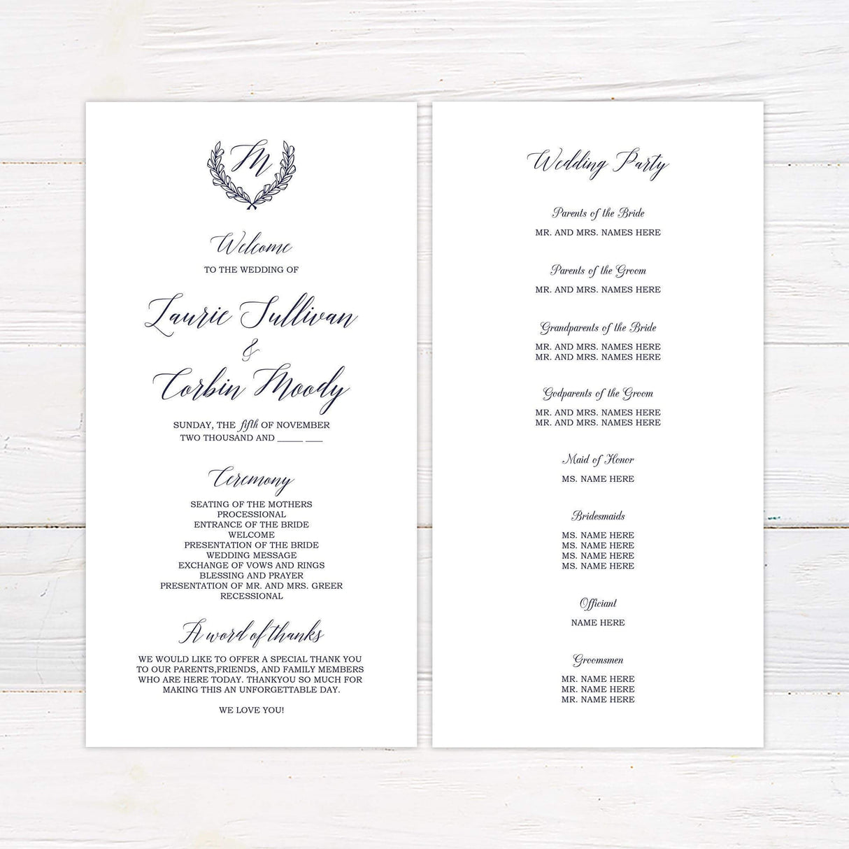 Elegant wedding program featuring a classic monogram crest and minimalist typography. A structured and timeless layout, perfect for formal and traditional weddings.