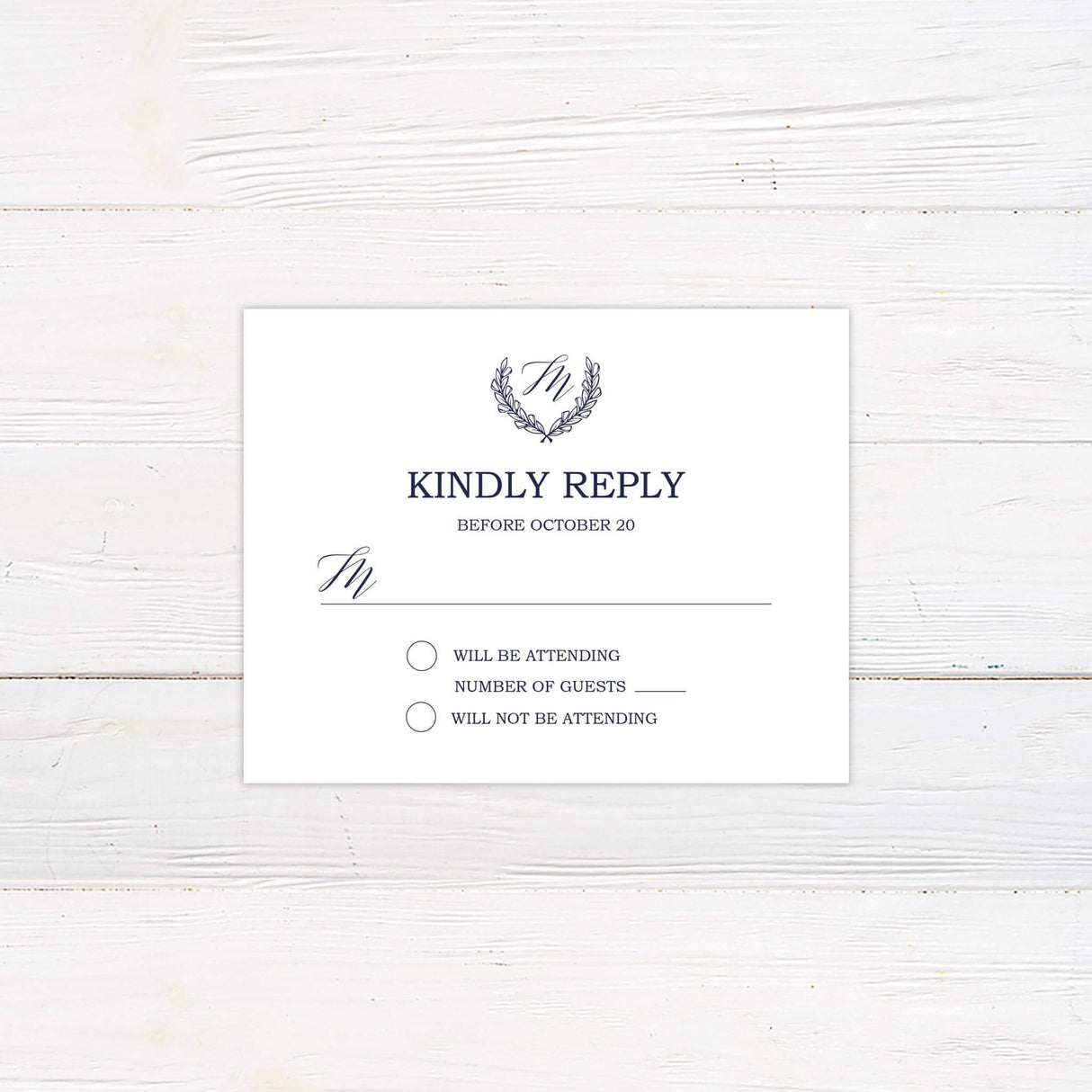Classic RSVP card with a refined monogram crest and elegant typography. A sophisticated response card, ideal for formal, timeless, and luxury weddings.