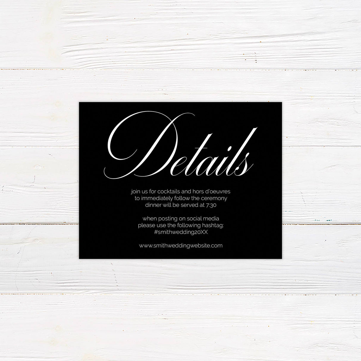 Modern wedding detail card with clean serif typography and simple layout, designed to coordinate with oversized monogram invitation suite.