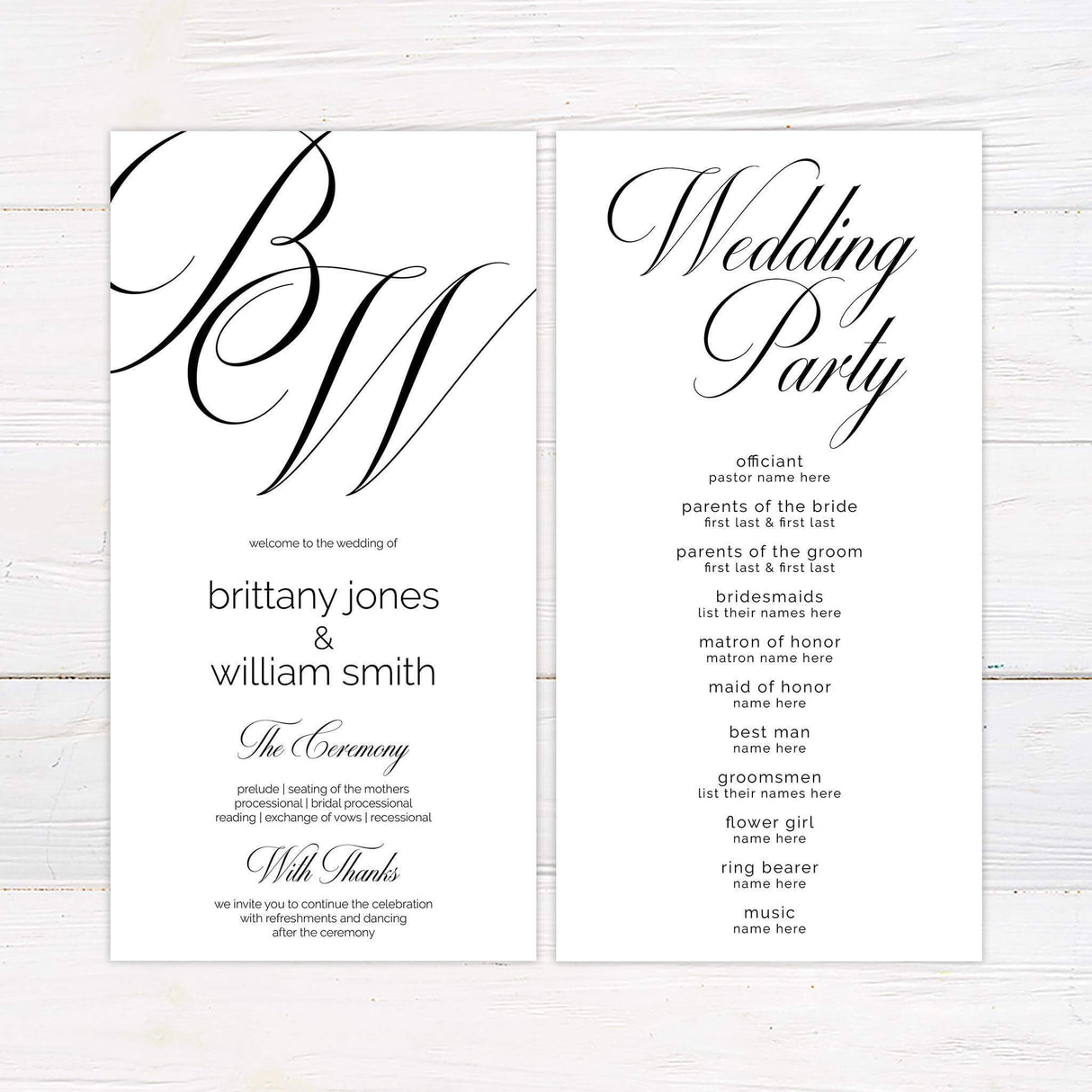 Wedding program featuring oversized script monogram and minimalist format, perfect for modern or formal wedding ceremonies.
