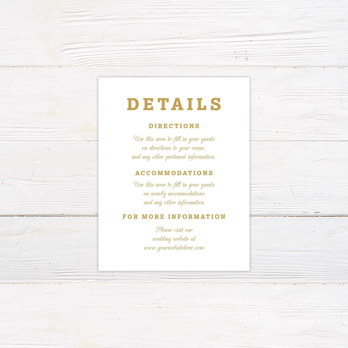 Gold wedding detail card with traditional serif fonts and elegant layout, coordinates with monogram shield invitation.
