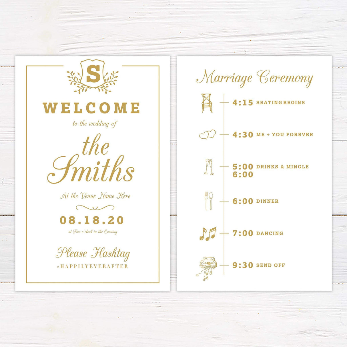 Formal gold wedding program with monogram crest, serif typography, and structured layout for ceremony details.