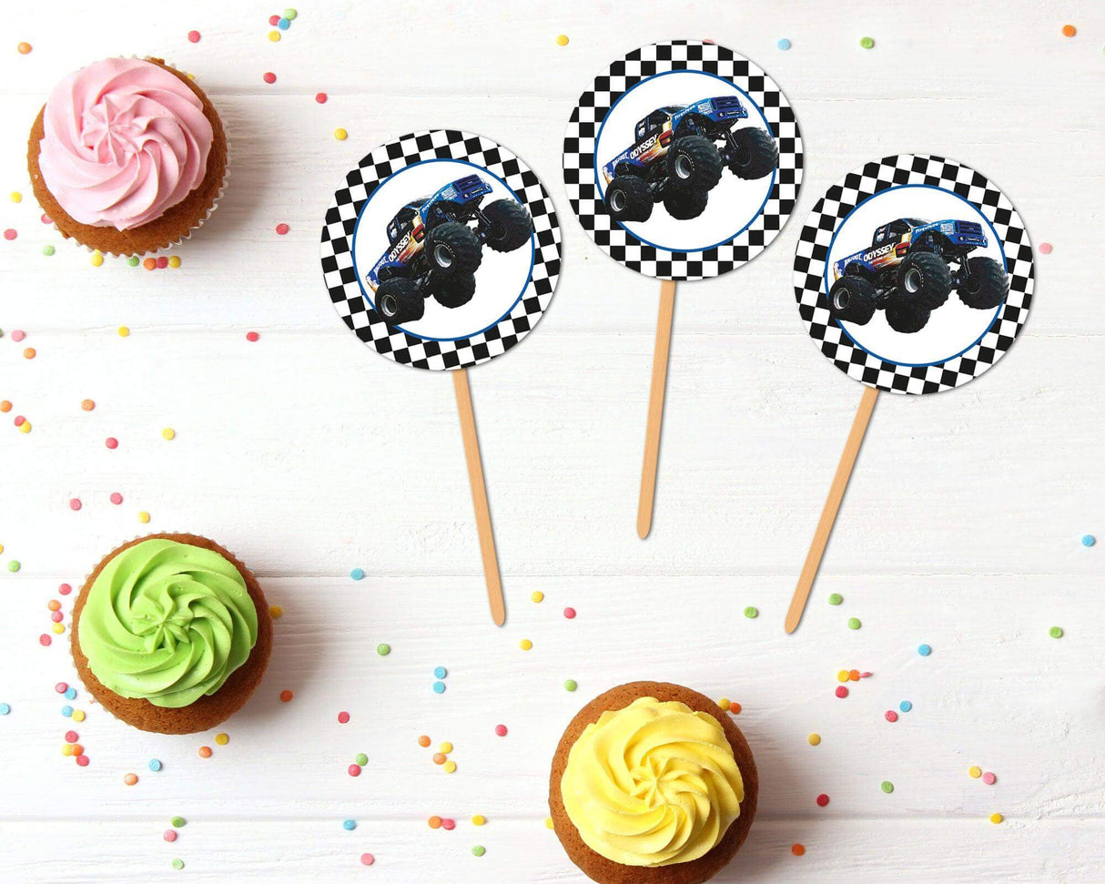 Monster truck cupcake topper featuring bold black and blue design with checkered racing flags, oversized monster trucks, and rugged typography. Perfect for a high-energy, race-themed birthday party.