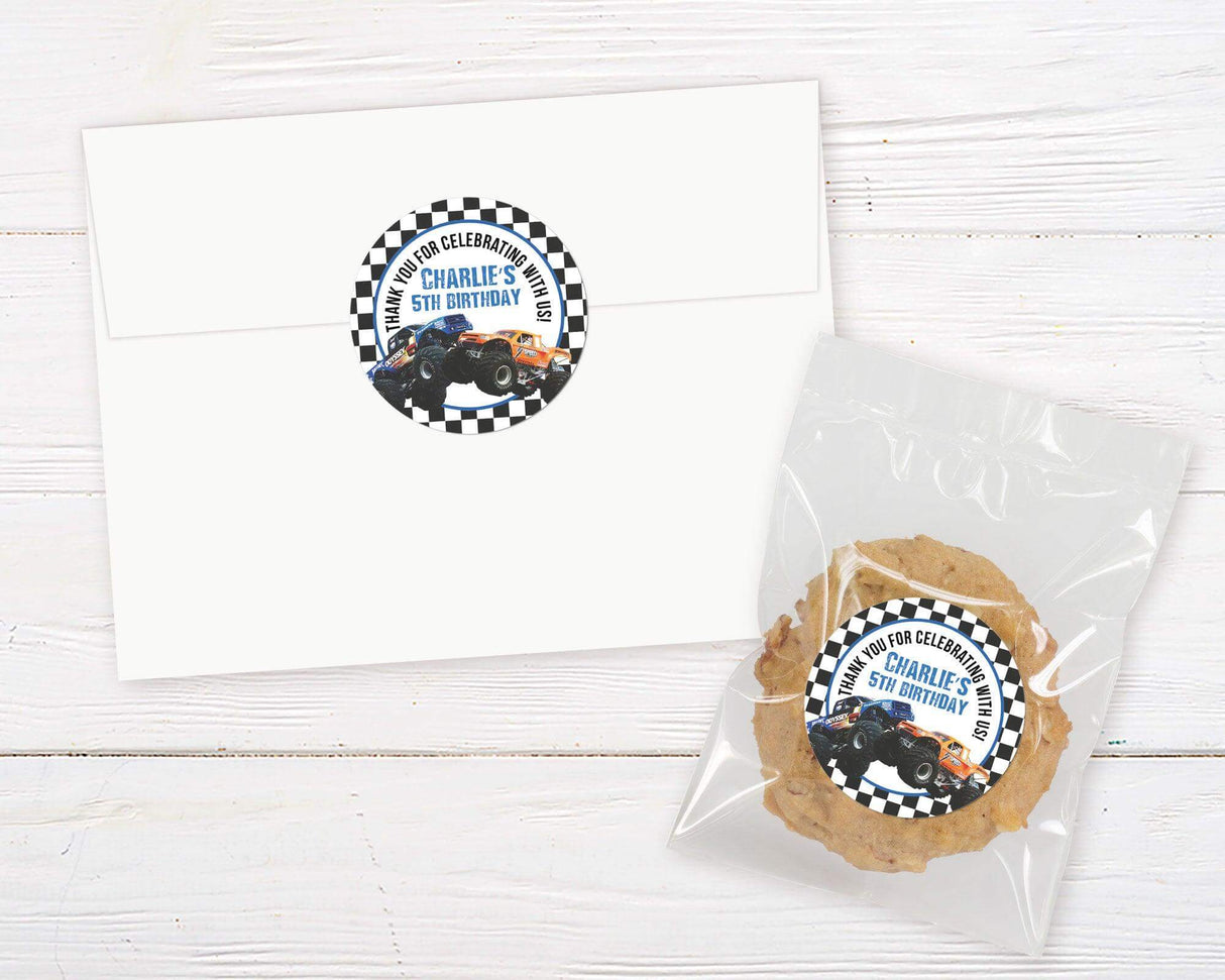 Monster truck sticker featuring bold black and blue design with checkered racing flags, oversized monster trucks, and rugged typography. Perfect for a high-energy, race-themed birthday party.