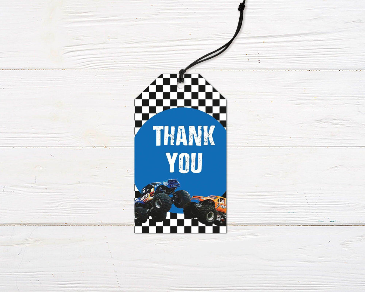 Monster truck favor tag featuring bold black and blue design with checkered racing flags, oversized monster trucks, and rugged typography. Perfect for a high-energy, race-themed birthday party.