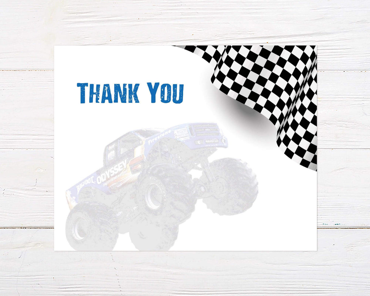 Monster truck thank you note featuring bold black and blue design with checkered racing flags, oversized monster trucks, and rugged typography. Perfect for a high-energy, race-themed birthday party.