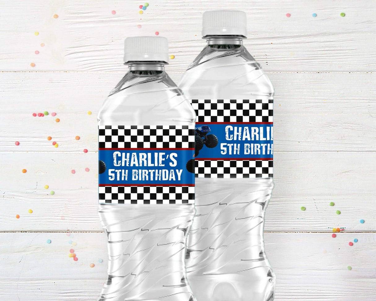 Monster truck water bottle label featuring bold black and blue design with checkered racing flags, oversized monster trucks, and rugged typography. Perfect for a high-energy, race-themed birthday party.