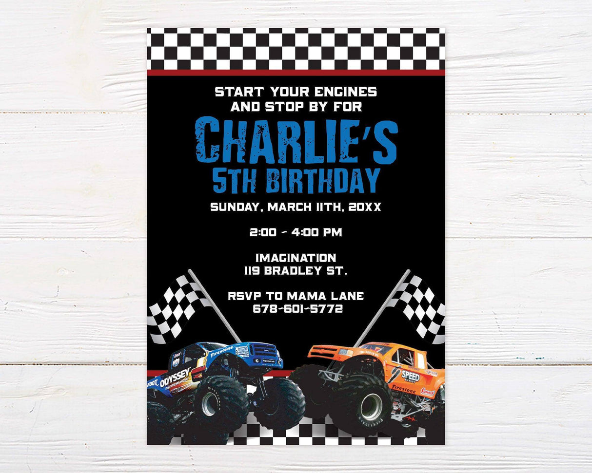 Monster truck birthday invitation featuring bold black and blue design with checkered racing flags, oversized monster trucks, and rugged typography. Perfect for a high-energy, race-themed birthday party.