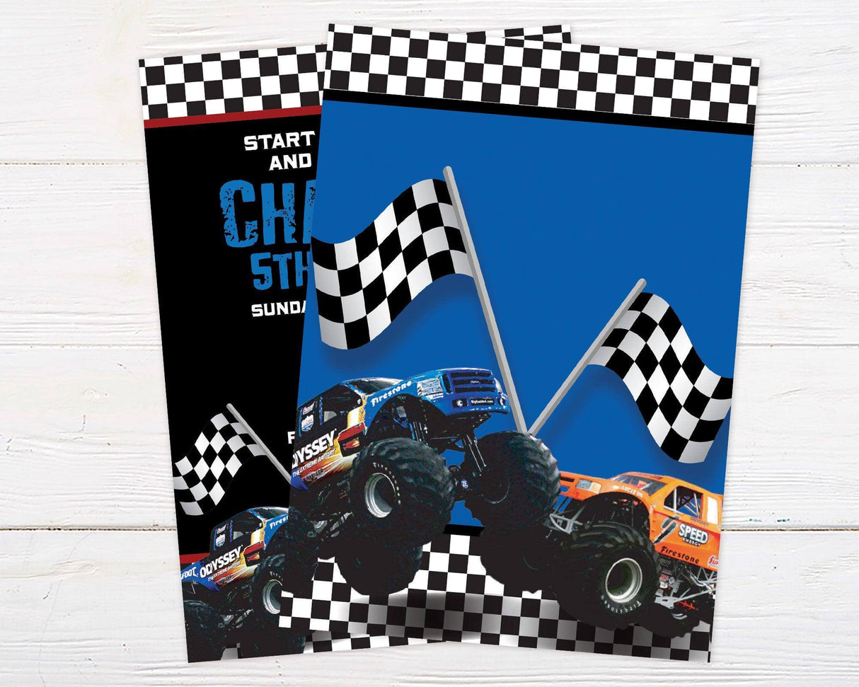 Monster truck birthday invitation featuring bold black and blue design with checkered racing flags, oversized monster trucks, and rugged typography. Perfect for a high-energy, race-themed birthday party.Back.