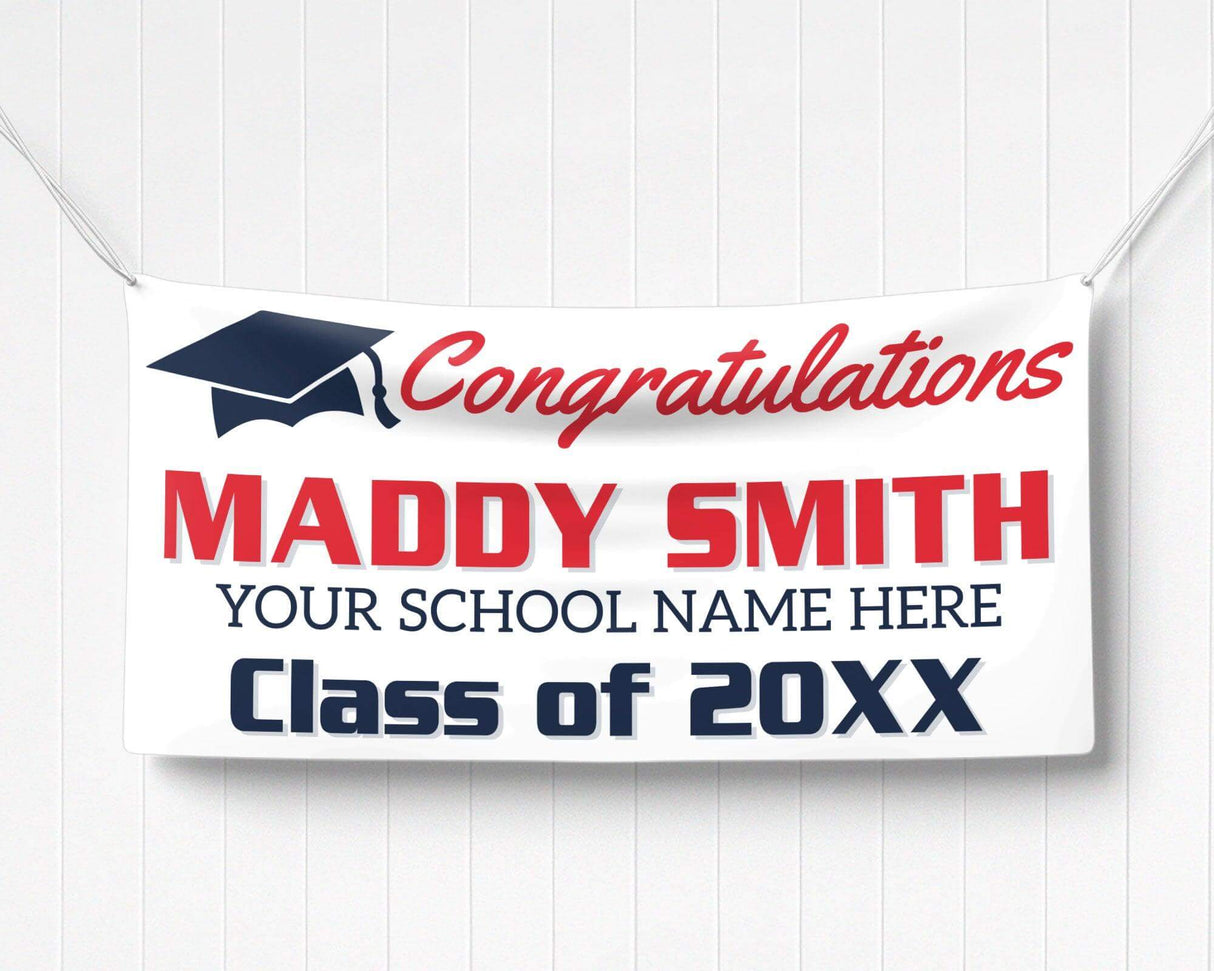 Custom graduation banner featuring bold graduate name, class year, and a mortarboard hat graphic. Ideal for high school or college graduation parties. red and black