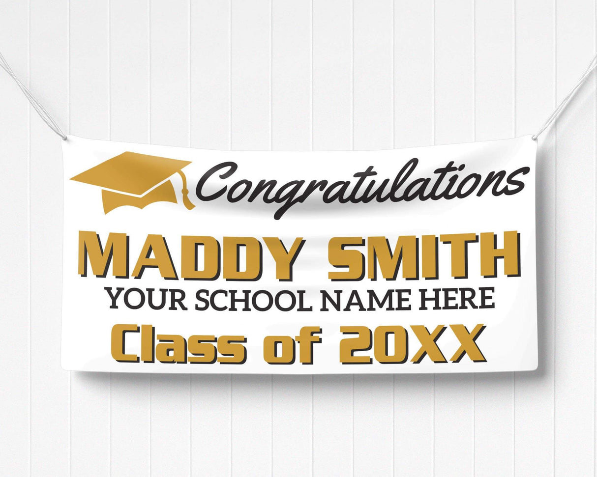 Custom graduation banner featuring bold graduate name, class year, and a mortarboard hat graphic. Ideal for high school or college graduation parties. gold and black