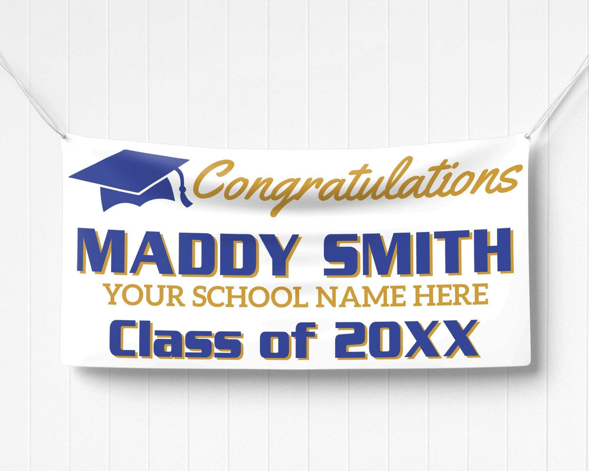 Custom graduation banner featuring bold graduate name, class year, and a mortarboard hat graphic. Ideal for high school or college graduation parties. navy and gold