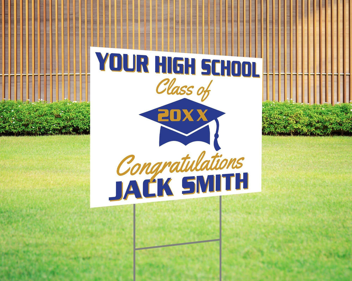 Custom graduation yard sign featuring a simple mortarboard cap design, personalized class year, school name, and congratulations message. Printed on durable Coreplast plastic, available in custom colors and single or double-sided print, perfect for high school and college graduates. Blue