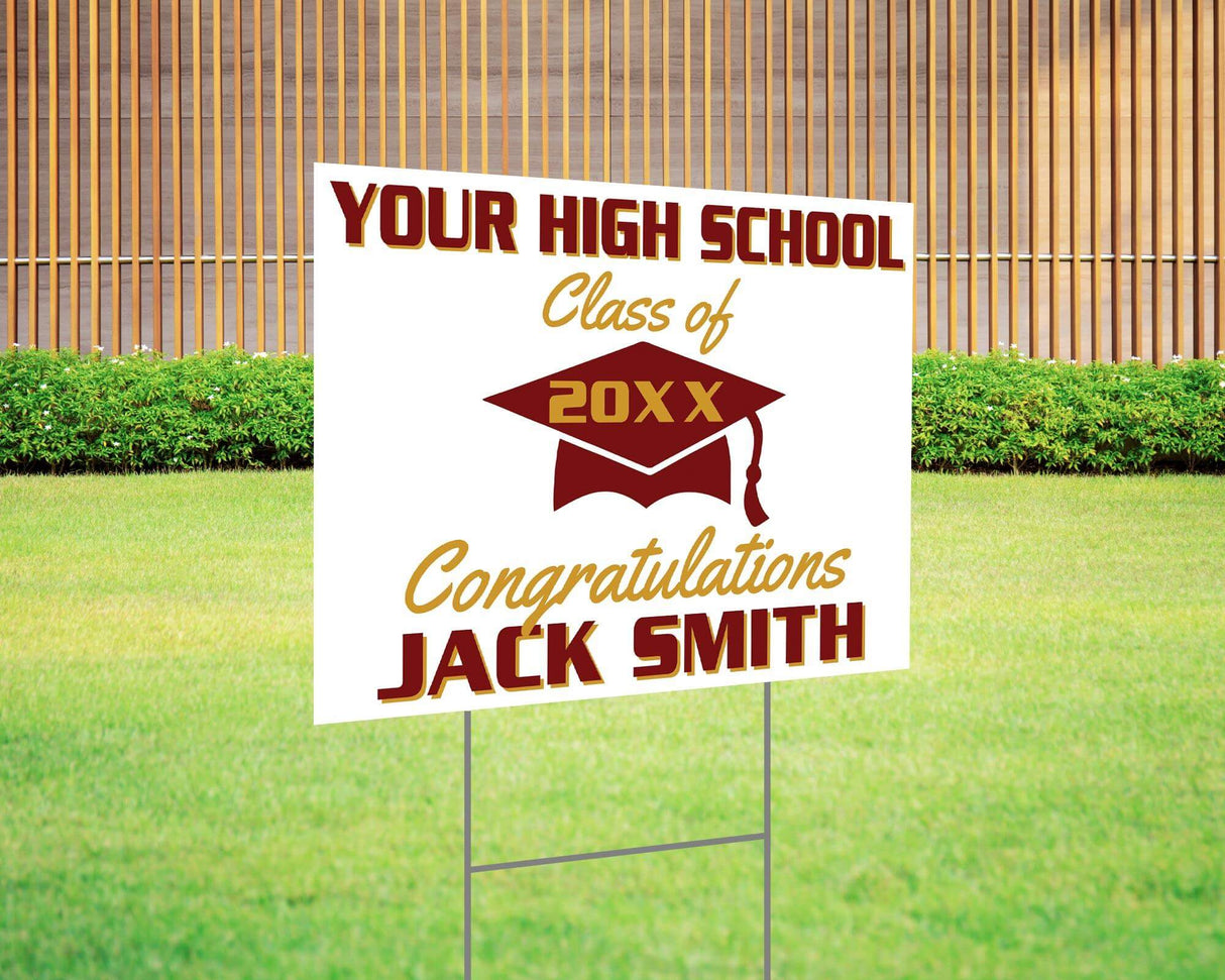 Custom graduation yard sign featuring a simple mortarboard cap design, personalized class year, school name, and congratulations message. Printed on durable Coreplast plastic, available in custom colors and single or double-sided print, perfect for high school and college graduates. Brown