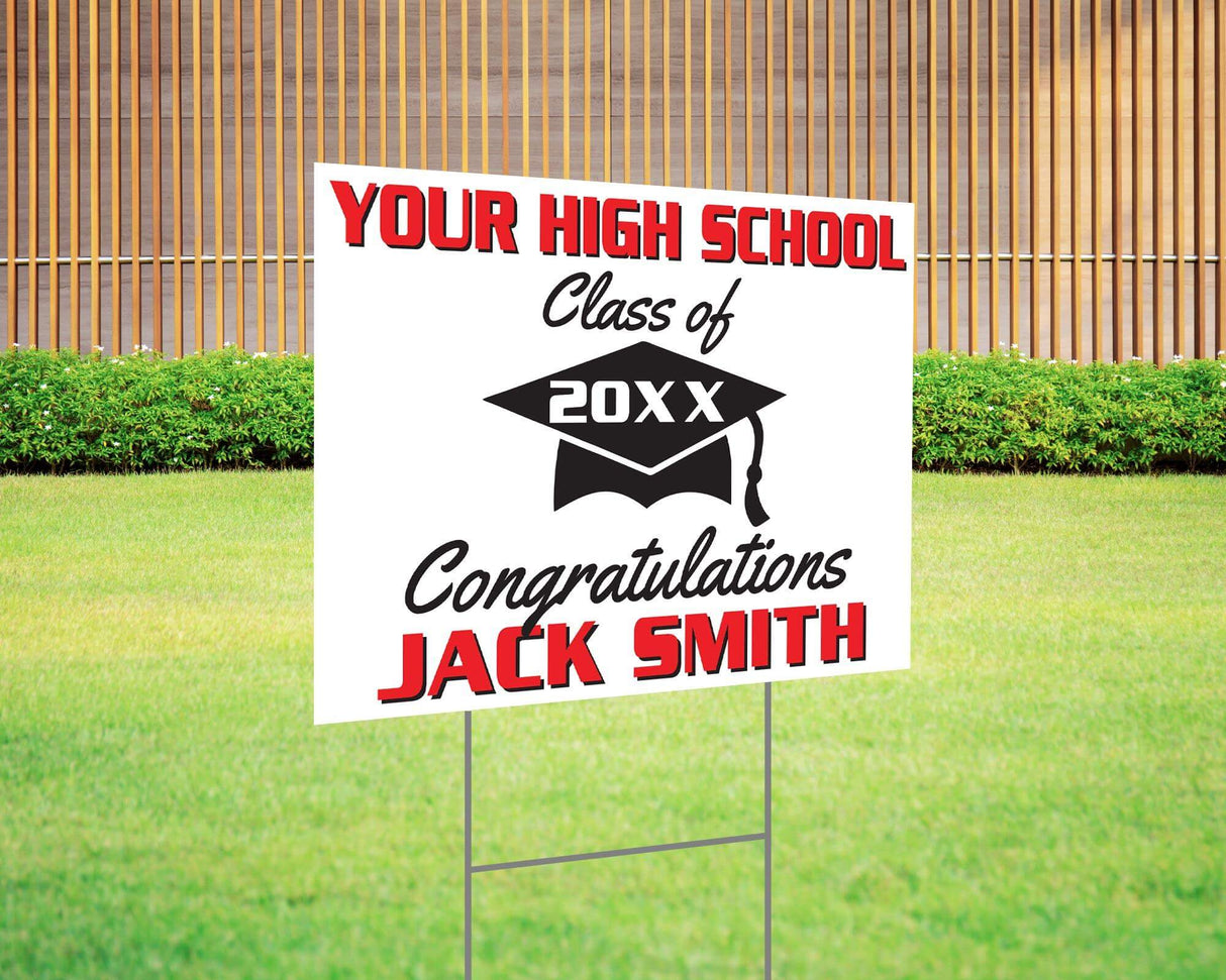 Custom graduation yard sign featuring a simple mortarboard cap design, personalized class year, school name, and congratulations message. Printed on durable Coreplast plastic, available in custom colors and single or double-sided print, perfect for high school and college graduates. Red