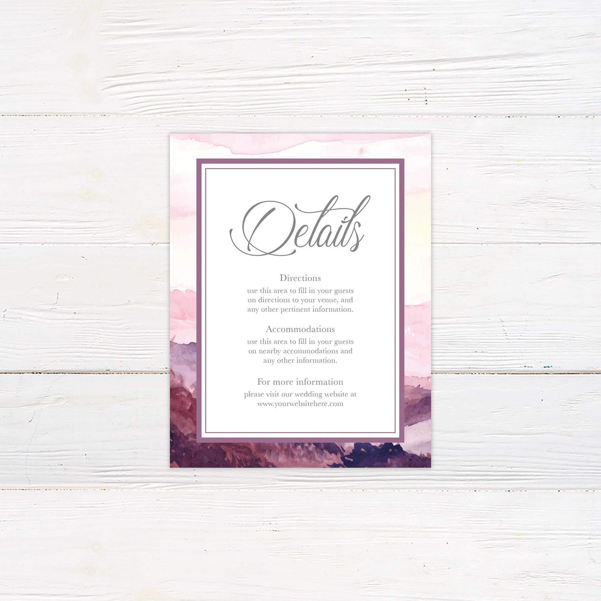Wedding detail card featuring soft watercolor sunset mountain scene with modern serif fonts, perfect for rustic or destination weddings.