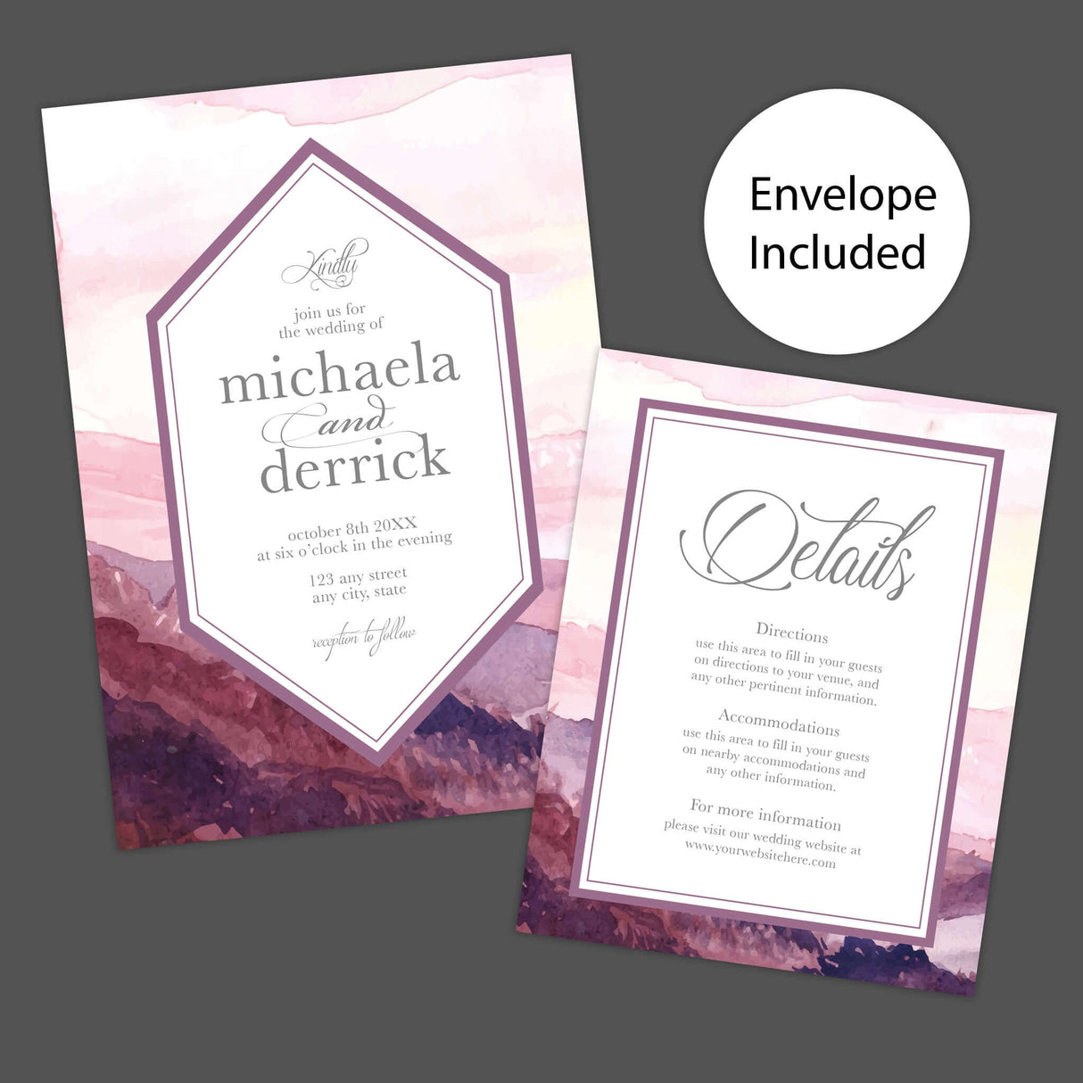 Watercolor wedding invitation with purple and pink mountain landscape at dusk, geometric frame, and elegant script and serif fonts - Invite and Detail Card
