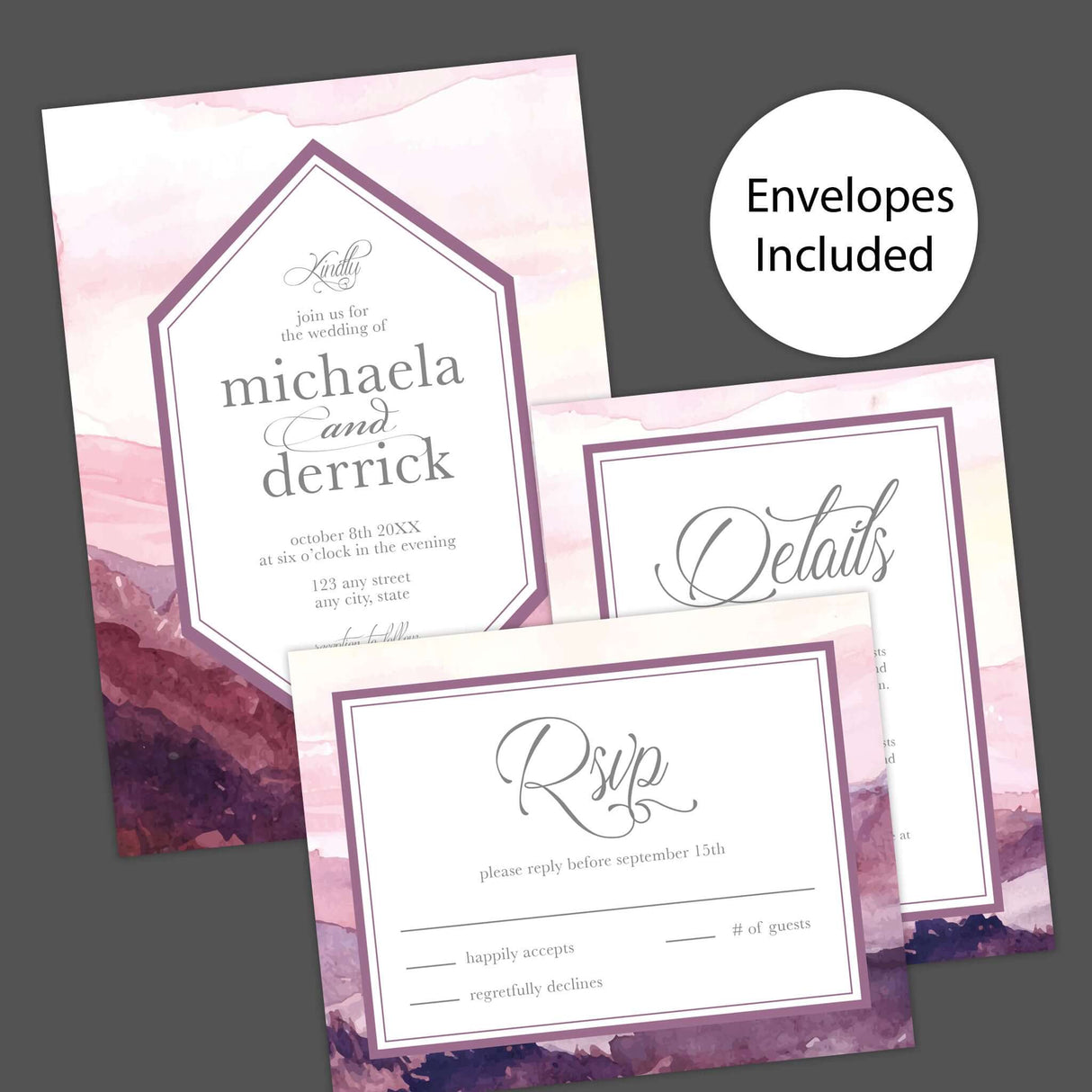 Watercolor wedding invitation with purple and pink mountain landscape at dusk, geometric frame, and elegant script and serif fonts - Invite, RSVP and Detail card