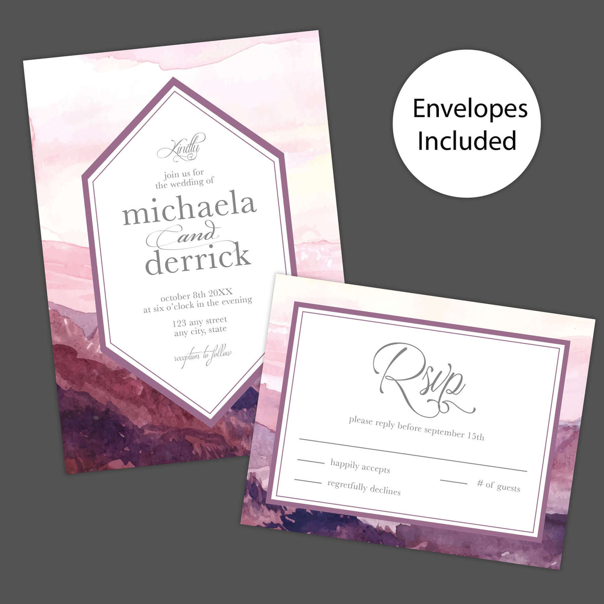 Watercolor wedding invitation with purple and pink mountain landscape at dusk, geometric frame, and elegant script and serif fonts - invite and RSVP