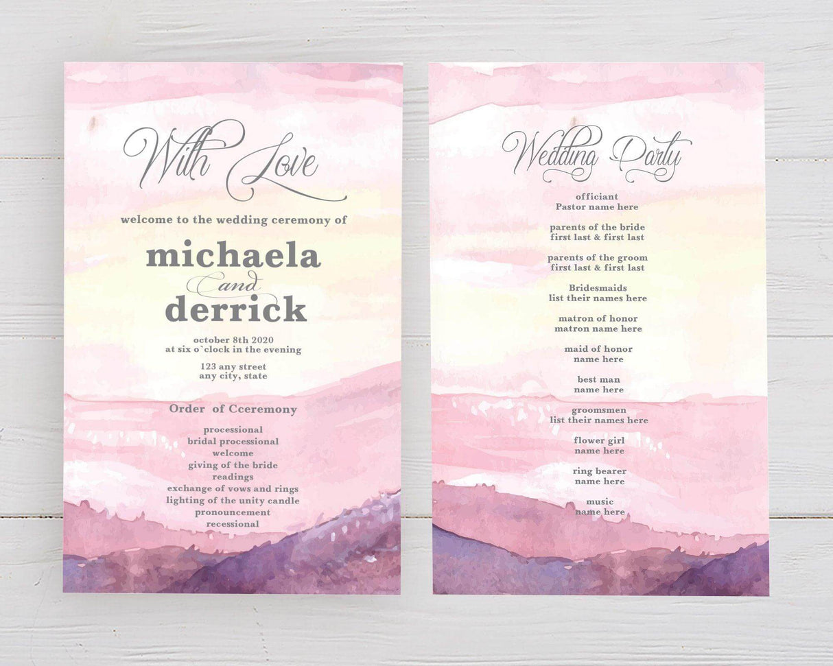 Wedding program with dusk mountain landscape and elegant layout, featuring coordinating colors and fonts from the watercolor invitation suite.