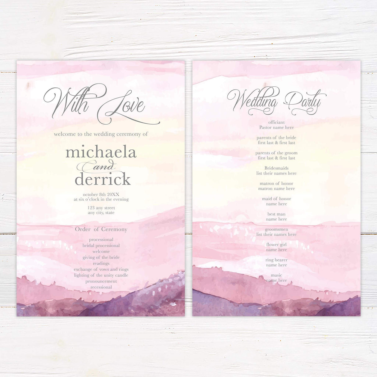 Wedding program with dusk mountain landscape and elegant layout, featuring coordinating colors and fonts from the watercolor invitation suite.