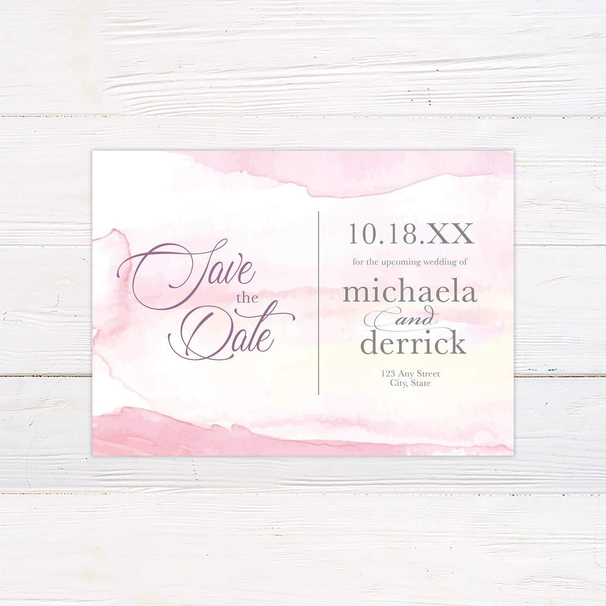 Save the date card with romantic watercolor mountain view at dusk and modern typography, coordinating with scenic outdoor wedding suite.