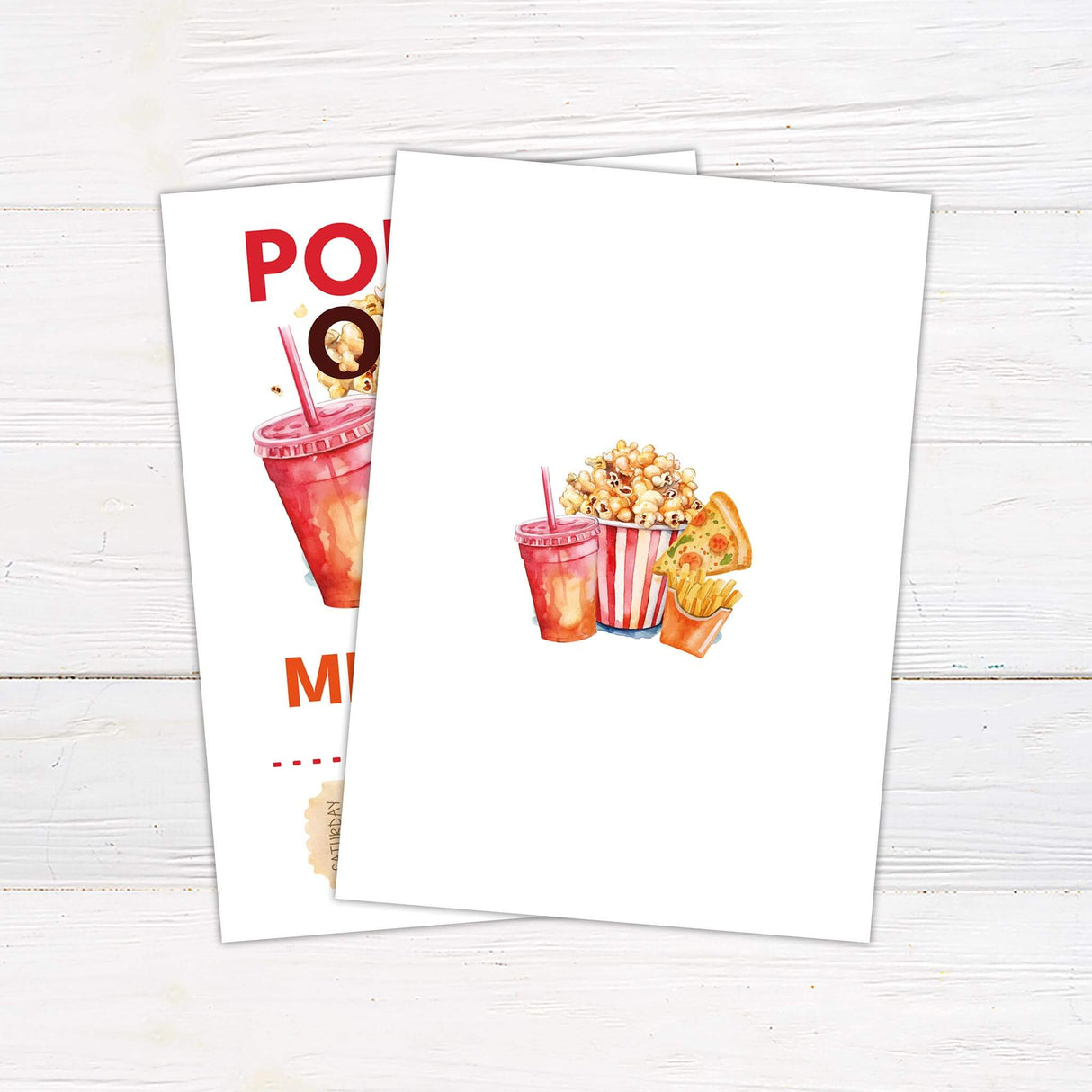 Fun movie-themed birthday invitation featuring watercolor popcorn, pizza, fries, and a drink. Bold red and orange text reads "Pop On Over" with event details below, including date, time, and venue. A vintage-style ticket adds a playful touch. Perfect for a casual and festive celebration. Back.