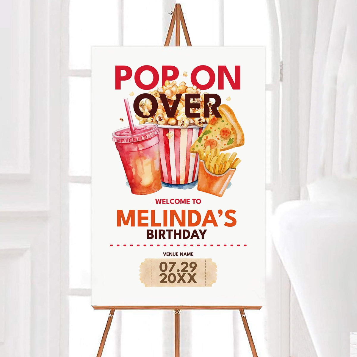 Personalized movie night birthday welcome sign featuring watercolor popcorn, soda, pizza, french fries, and bold red lettering. The colorful movie theater birthday sign includes a customizable name, venue, and date displayed on a vintage-style ticket.