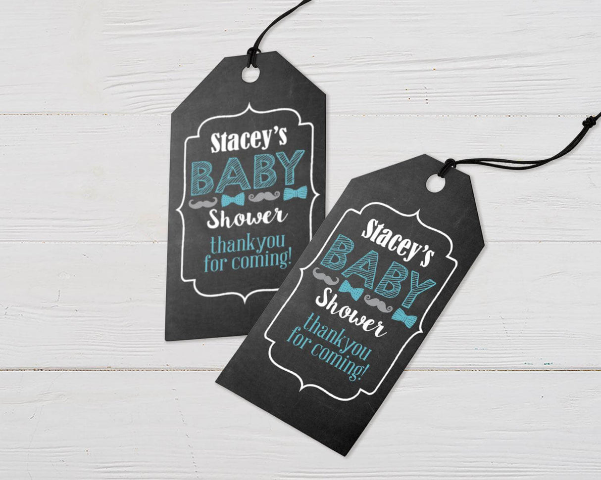 Mustaches and Bow Ties thank you tags for Stacey's baby shower with chalkboard design and blue typography.