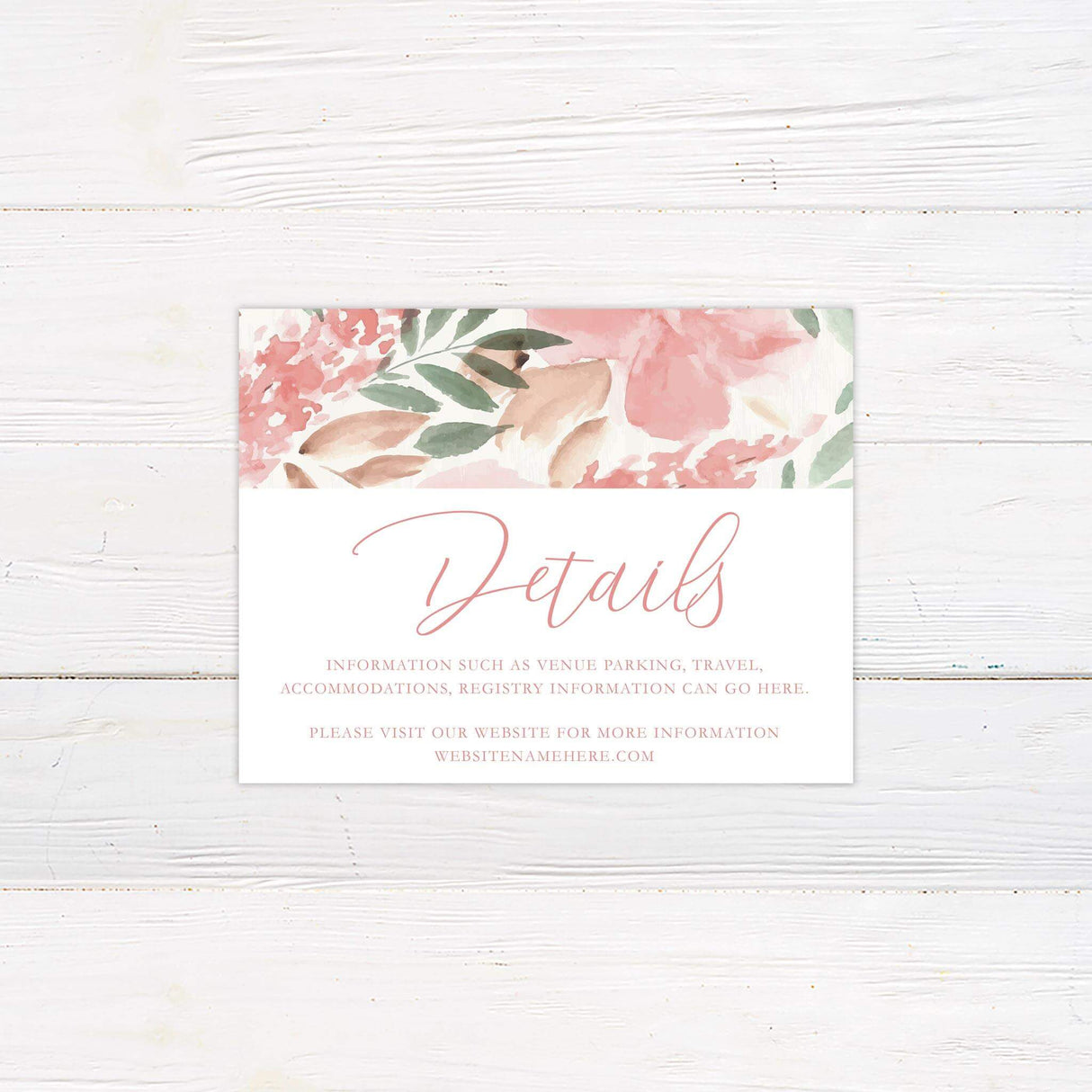 Watercolor wedding detail cards with blush pink florals, green leaves, and romantic script and serif fonts on white background